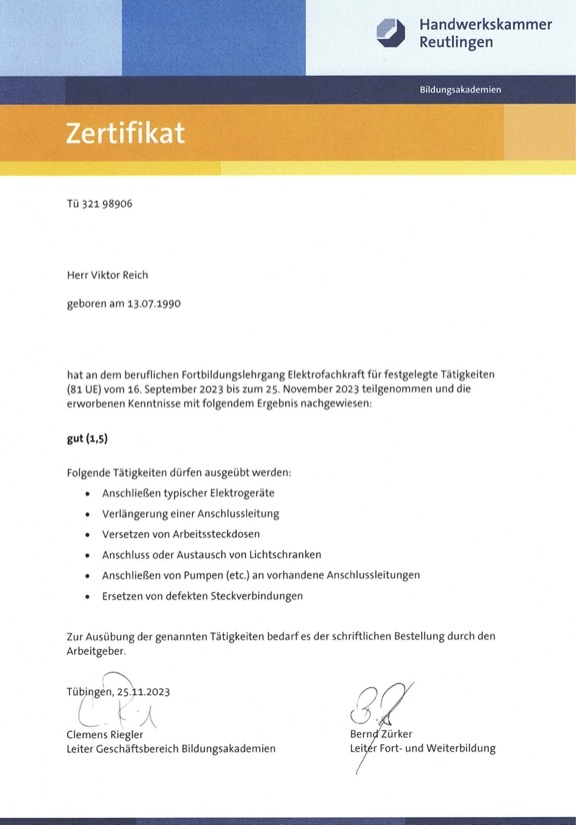 Elektriker Zertifikat Viktor Reich